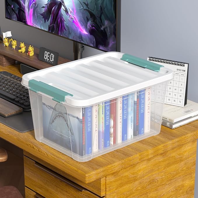 6 Packs Plastic Latch Boxes, 20 L Clear Stackable Storage Container Bin with White Lid