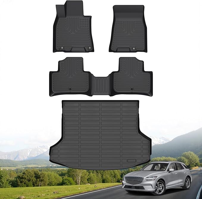 Hutisya-Floor Mats & Cargo Liner Set Fit for Genesis GV70 2022-2025 (Not Electrified GV70) All Weather Protection Anti-Slip & Durable TPE Full Set Liners Automotive Accessories-Black