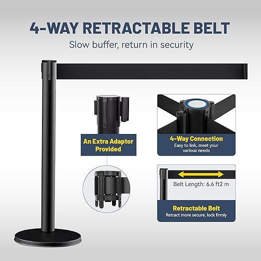 6-Pack Black Stanchion Posts with Retractable Belts, Hollow Sand-Fillable Base for Maximum Stability, Crowd Control Queue Barriers for Theaters, Parties, Weddings, Exhibitions
