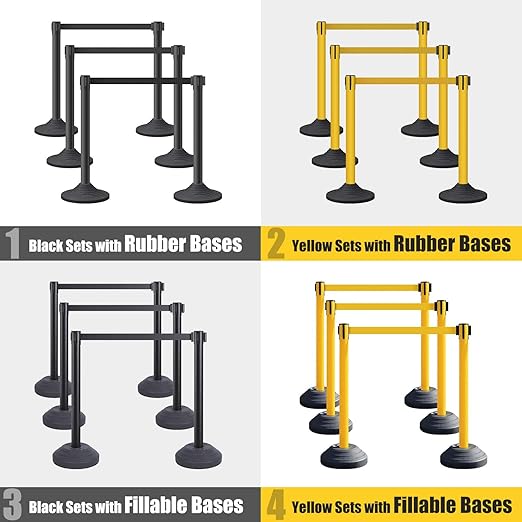 6 Pack Premium Crowd Control Stanchion Set, 40" H Delineator Post with 10' Feet Retractable Belt, Heavy-Duty Base, Safety Rope Barriers for Traffic Queue (Water Filled Base, Yellow)