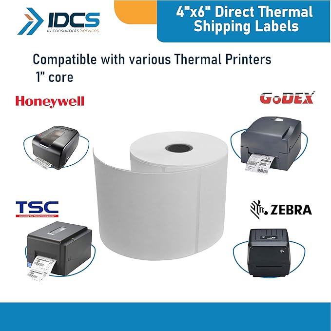 IDCS 4"x6" Direct Thermal Shipping Labels, 1250 Labels/5 Rolls(250 Labels per Roll), Perforated E-Commerce, Thermal Label Paper Roll Compatible with Zebra, TSC, Honeywell, Godex, Strong Adhesive