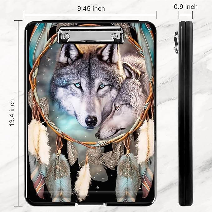 Dream Catcher Wolf Heavy Duty Foldable Plastic Storage Clipboard with Low Profile Clip, Coaches Clipboard Case for Work, Teacher, Office, School Supplies