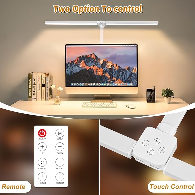 LED Desk Lamp for Office Dorm Home - Eye Caring Desk Light with Timer, Remote Control 24W Brightest Dual Screen Computer Monitor Gooseneck Dimmable Table lamp with Anti-Glare Cover Base