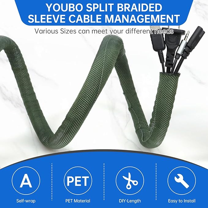 Split Braided Cable Sleeve，Flexible Wire Loom Tubing, Automotive Cord Protector Pet Proof, Cable Management for Computer TV Electric Wires Harness 16ft (Dark Green, 10mm（3/8")
