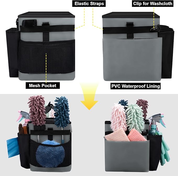 Wearable Large Cleaning Caddy Bag for Housekeeper, Clean Supply Organizer with Adjustable Shoulder, Waist & Handle Straps, Detailing Bag for Kitchen Supplies (Black&Gray)