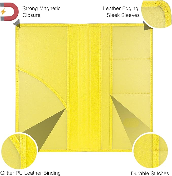 Car Registration and Insurance Holder, Leather Magnetic Shut Vehicle Glove Box Organizer for Document, Card, Driver License, Glitter Yellow