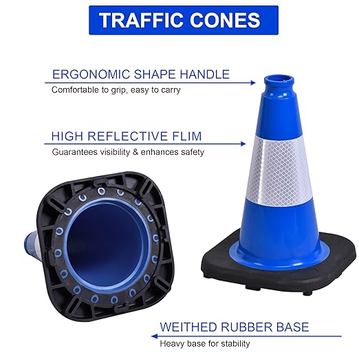 OrangeStar 12" Traffic Cones 6-Pack Blue Safety Cones with Reflective Collars, Heavy Duty Base for Driving Practice, Parking Lots, Construction, Flexible PVC, Indoor & Outdoor Use