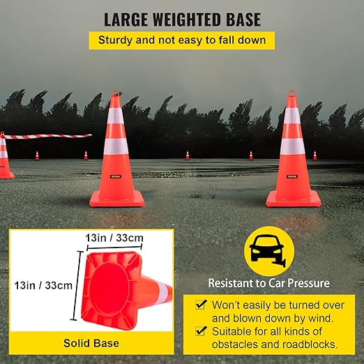 VEVOR Safety Cones, 10PCS 28" Traffic Cones, PVC Orange Construction Cones, 2 Reflective Collars Traffic Cones with Weighted Base and Hand-Held Ring Used for Traffic Control, Driveway Road Parking