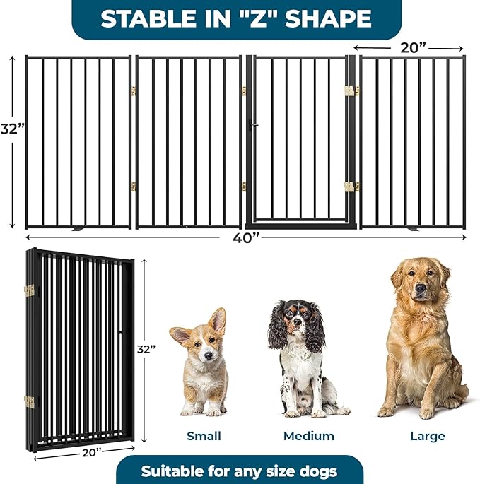 Metal Freestanding Dog Gate Outdoor-4 Panels with Door, Extra Wide Foldable Pet Fence with Pet Monitor Adapter, 32'' Height Tall Dog Gate for Doorways, Stairs, Hallways, Yard, Indoor