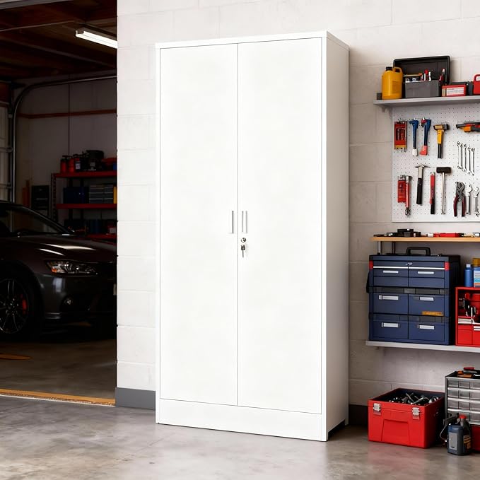 BESFUR Metal Storage Cabinet with 5 Adjustable Shelves and 2 Lockable Doors, 71" White Garage Metal Cabinet, Locking Cabinet for Office, School, Garage