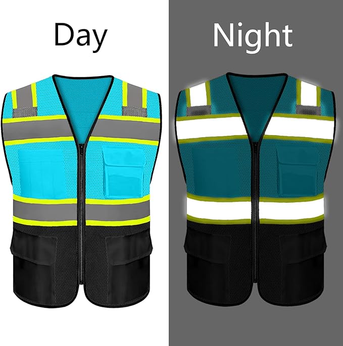 Safety Vest Customize Logo with 5 Pockets & Zipper Reflective High Visibility Vest Class 2 Outdoor Workwear