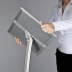 M&T Displays Curved Menu Board, 8.5x11 Inch Pedestal Sign Holder with 8.5x11 Inch Brochure Holder Silver Floor Standing Aluminum Front Loading Easy Open Poster Message Advertisement Post