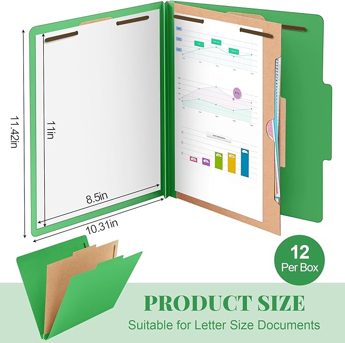 Skyygemm 12 Pack Classification Folders Letter Size Bulk with Divider and 2" Expansion, Pressboard Folder with 2 Prong Fasteners for Teachers, Clergy, Office, Church, Christmas Donations(Green)