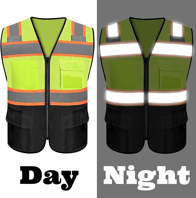 Safety Vest Reflective High Visibility with 5 Pockets ＆Zipper Class 2 Adult Unisex Construction Security Workwear