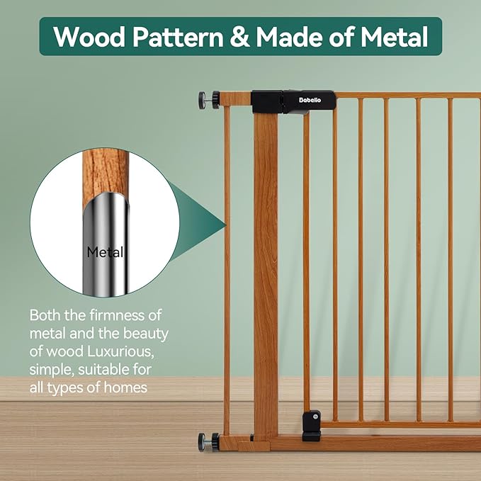 BABELIO 29-48" Metal Baby Gate with Brown Wood Pattern, Auto Close Dog Gate PressGuard P7 for The House, Stairs and Doorways, Pressure Mounted Pet Gate with Door, Safety Gate for Child and Pets