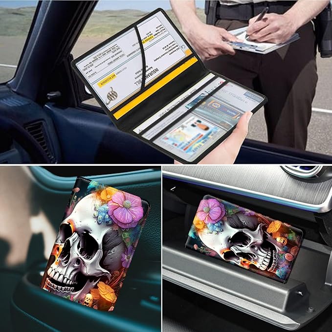 Car Registration and Insurance Holder, Leather Car Glove Box Organizer, Cool Car Accessories for ID, Driver's License Cards & Essential Document,business cards,Men&Women,Skull Flower