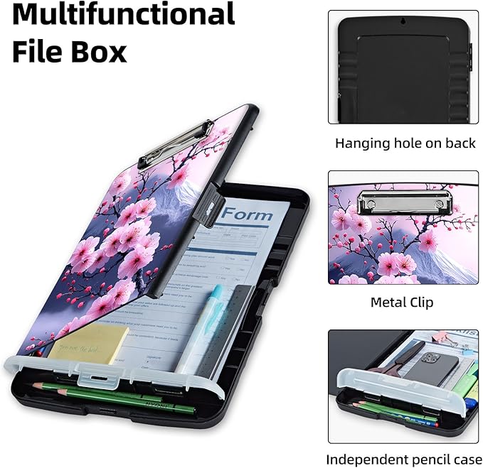 Clipboard with Storage Box & Pen Holder,Heavy Duty Clip Boards 8.5x11 for Nursing,High Capacity,School & Office Supplies,Cherry Blossom Mount