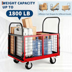 6in1 Foldable Platform Truck Cart with Cage Platform Truck,1800lbs Push Cart Dolly Capacity Flatbed Hand Truck Dolly Cart Multipurpose for Grocery, Laundry, Garage, Warehouse (Red+Black)