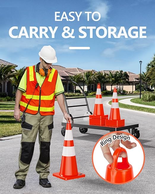 BATTIFE 10 Pack Traffic Safety Cones 28 Inches with Reflective Collars, PVC Orange Construction Cone for Traffic Control, Driveway Road Parking