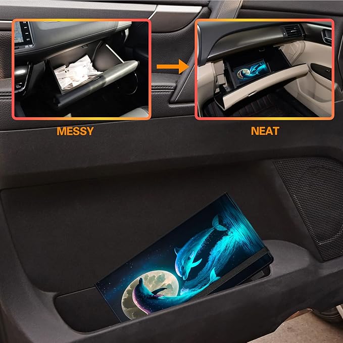 Car Registration and Insurance Holder,Leather Vehicle Glove Box Organizer Wallet for Document,Perfect for any Car,Truck,Motorcycle,Driver License,Trailer or Boat,Men & Women,Cute Dolphins and Moon