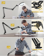 10X Magnifying Glass with Light and Clamp, Ultra Long 3 Section Swing Arm LED Desk Lamp, 5 Color Modes Stepless Dimmable, Hands Free Lighted Magnifier with Stand for Repair Reading Crafting Close Work