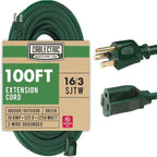 100 Foot Outdoor Extension Cord - 16/3 SJTW Green 16 Gauge Electrical Cable with 3 Prong Grounded Plug