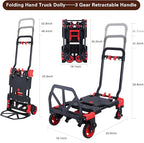 2-in-1 Folding Hand Truck Dolly 330LB Load Carrying,Hand Truck Foldable Dolly with Retractable Handle and 4 Rubber Wheels,Portable Folding Hand Cart for Luggage/Travel/Office