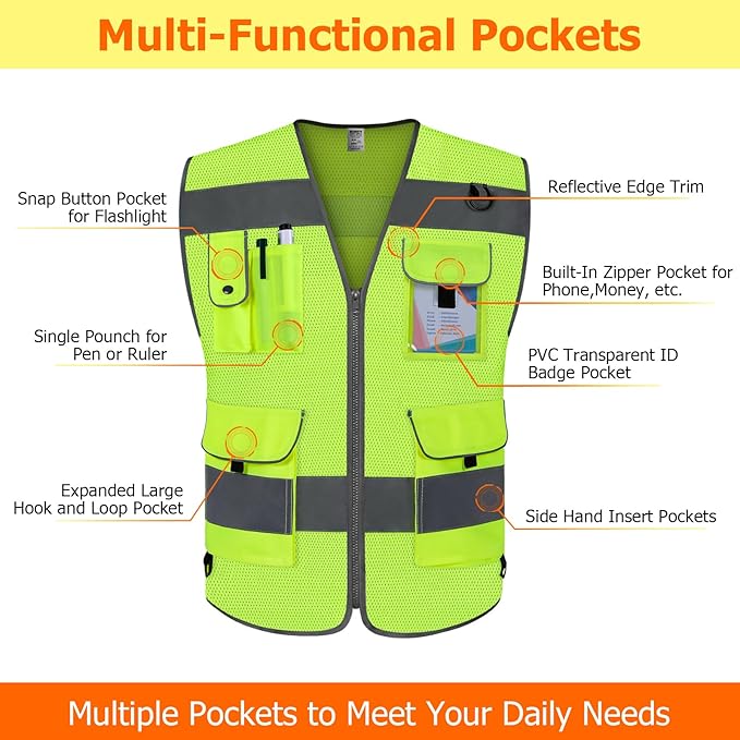 TCCFCCT Mesh High Visibility Safety Vest for Men Women 9 Pockets Hi Vis Reflective Vest for Safety, Work Vest with Reflective Strips, Meets ANSI/ISEA Standards, (Yellow, 5X-Large)