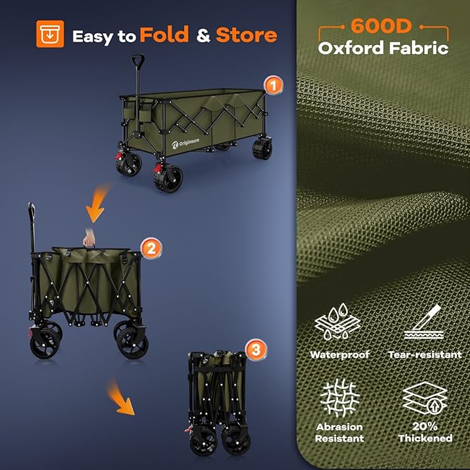48" L Collapsible Wagon Cart Foldable, 560lbs Weight Capacity 300L Heavy Duty Folding Beach Wagons with Big All-Terrain Wheels, Utility Carts for Groceries, Shopping, Camping, Sports - Green