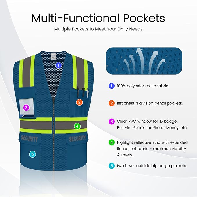 Security Vest for Men Women, High Visibility Vest with Pockets & Zipper, Neon Work Wear with Reflective Strips, ANSI Compliant, Blue, 2XL