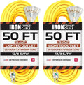 Iron Forge Cable 2 Pack 50 Foot Lighted Outdoor Extension Cord with 3 Outlets - 12/3 SJTW Heavy Duty Yellow Extension Cable 3 Prong - Multiple Outlets