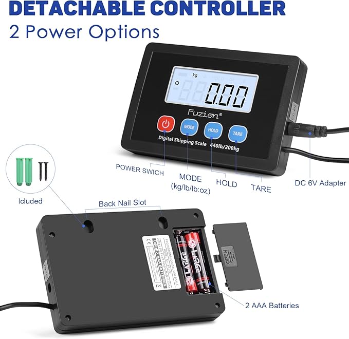 Fuzion Shipping Scale 440lb x 10g Accuracy, Postal Scale with Hold/Tare, Digital Shipping Scale for Packages Small Business, Luggage, Battery & AC Adapter