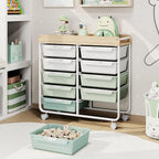 10 Drawers Rolling Cart with Wooden Tabletop, Utility Storage Cart with Wheels, Art Supply Craft Organizer on Wheel with Metal Frame & Handles for Home Office School,Green