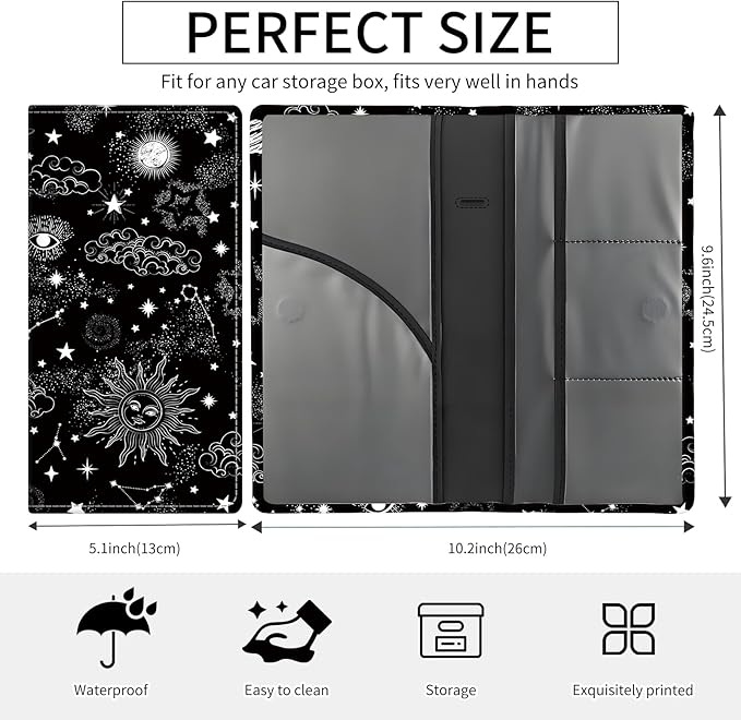 Premium Car Registration and Insurance Card Holder, Cute PU Leather Car Document Holder, Vehicle Glove Box Car Organizer with Magnetic Closure for Driver License, Cards Black Celestial Sky