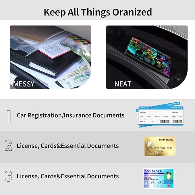 Car Registration and Insurance Holder, Leather Car Glove Box Organizer, Cool Car Accessories for ID, Driver's License Cards & Essential Document,business cards,Men&WomenColorful Rose Flower Skull