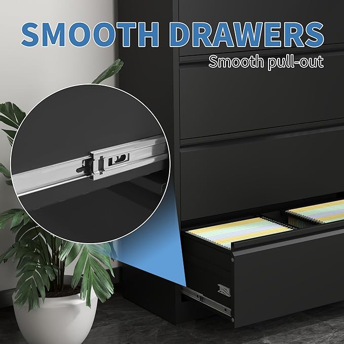 File Cabinets 4 Drawer,Metal Office Storage Filing Cabinet with Lock,Black Lateral Filing Cabinet for Home Office,Horizontal Locking File Cabinet for Legal/Letter/A4 Files,Assembly Required