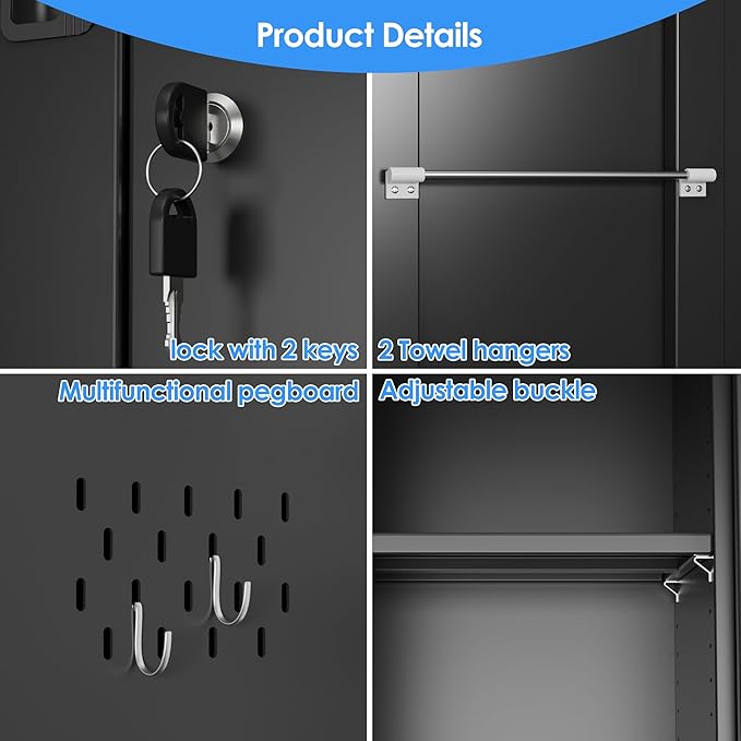 Broom Closet Storage Cabinet with 5 Pegboard, Hanging Rod &13 Hooks, Utility Metal Garage Storage Cabinets with Doors and 4 Shelves for Garage Home Storage, Black,71.5" H x 34" W x 17" D