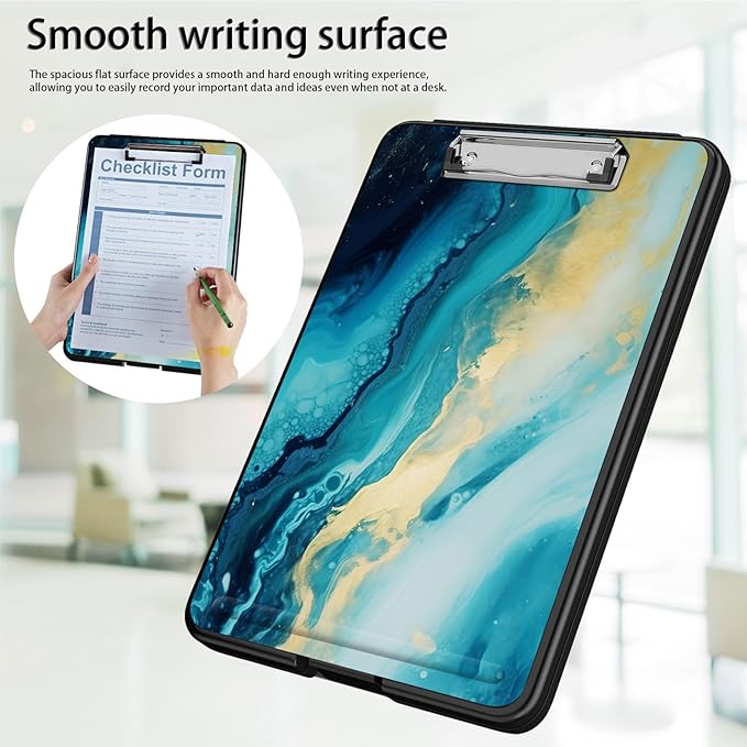 Clipboard with Storage,Office Supplies Nursing Clipboards Folder with Pen Holder Plastic Foldable Clip Board with Storage for Nurse Teacher,Blue Marble