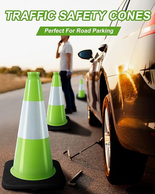 BESEA 18 Inch Fluorescent Green Traffic Cones with 6" Reflective Collar, High Visibility Safety Cones for Road, Parking, Construction, Sports Training (4 Pack)