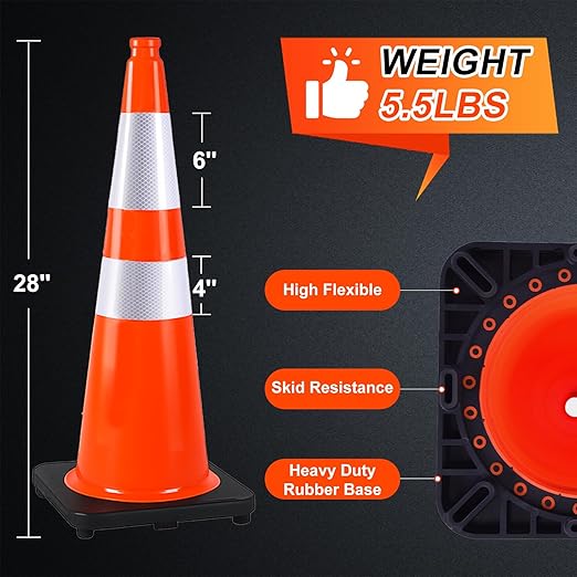 28" Orange PVC Construction Cones - 8 Pack with Reflective Collars & Black Base, for Roadwork, Parking, and Crowd Control Safety