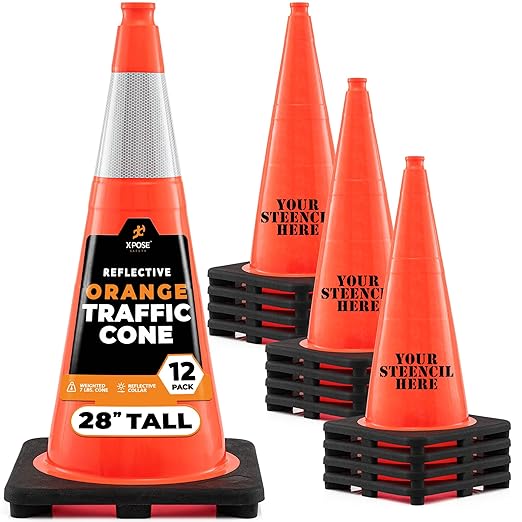 Xpose Safety 28 Inch Orange Traffic Cones with 6" Collar - 12 Pack Multipurpose PVC Plastic Safety Cone for Parking, Soccer, Caution, Kids and Construction - DOT Approved