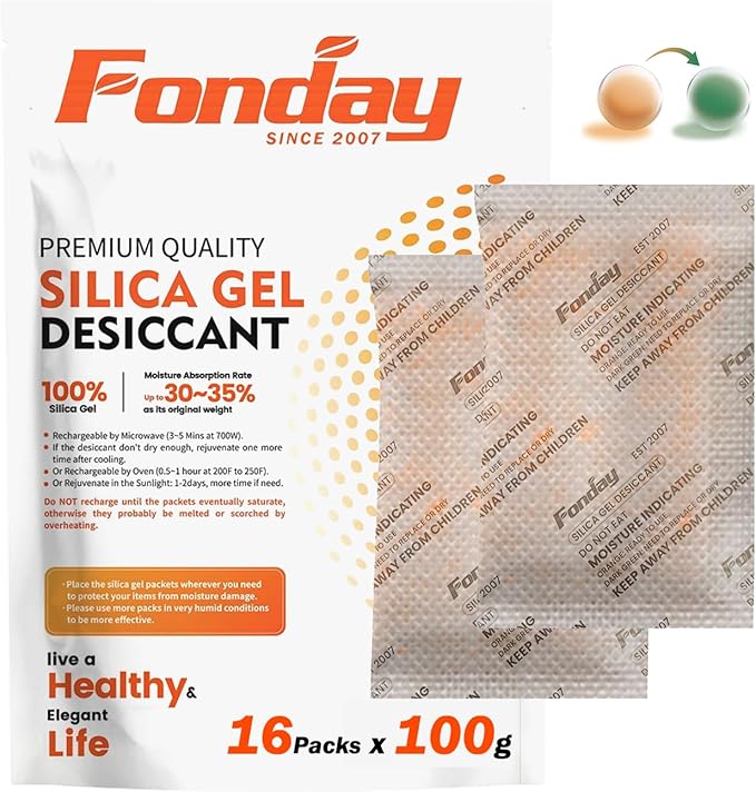 16Packs x 100Gram Fonday Rechargeable Silica Gel Desiccant Packets Food Grade Fast Reactivate Desiccant Bags Moisture Indicating Orange to Green for Food Storage, Electronics, 3D Filament & Safes