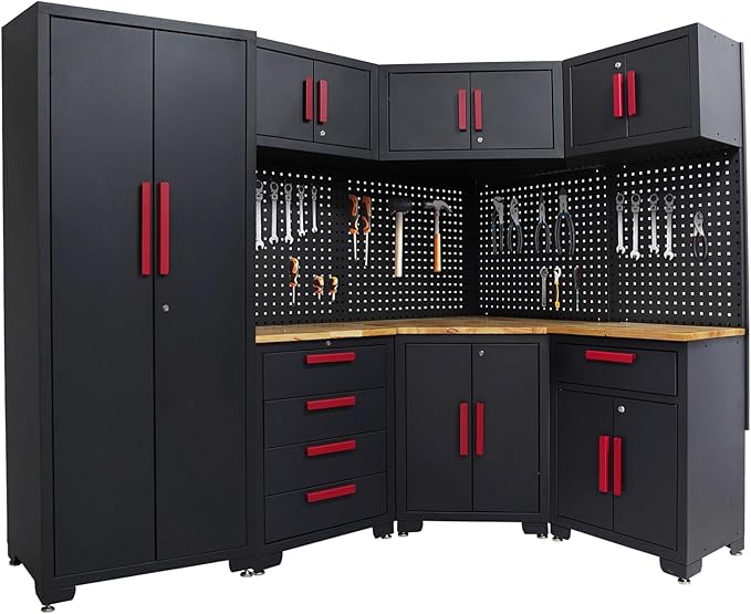 16PCS Corner Garage Storage Cabinet System - Heavy Duty Workshop Set w/Corner Cabinet Includes Workbench, Pegboard & Lockable Drawers | Metal Tool Organization System for Garage/Workshop