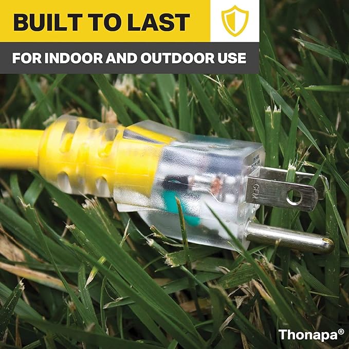 2 Pack Lighted Outdoor Extension Cord 10 ft - 12 Gauge 15 Amp Heavy Duty Power Extension Cords - SJTW - Great for Major Appliances, Power Tools, Garden Supplies - Yellow