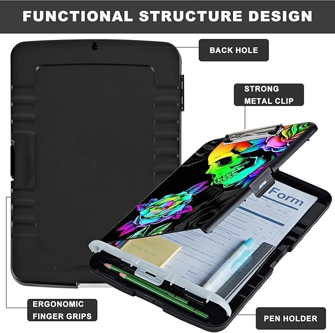 Clipboard with Storage,Heavy Duty Plastic Storage Clipboard with Low Profile Clip,Teacher Must Haves,Office Supplies,Colorful Skull Rose Flower