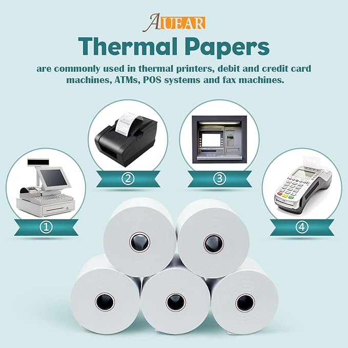 AUEAR, Thermal Cash Register POS Paper Rolls, 2 1/4" x 230' - BPA Free (50 Pack)