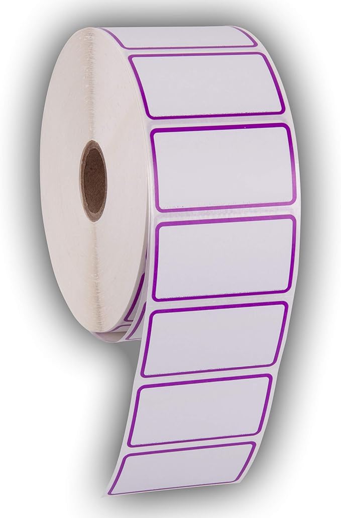 2.25" X 1.25" Direct Thermal Perforated Stickers Labels for Barcodes, Address, Consignment - Compatible with Zebra, Rollo, Godex and More (Purple Border, 12 Rolls)