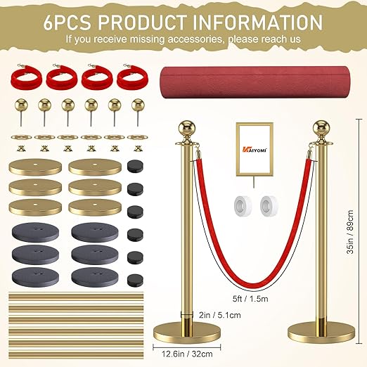 kaiyomi 6Pcs Stanchions Posts Velvet Ropes with Red Carpet and Sign Frame, Water or Sand-Fillable Base, Suitable for 8.5" x 11" A4 Paper Size Sign Frame for Red Carpet Party Decoration (Golden)