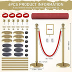 kaiyomi 6Pcs Stanchions Posts Velvet Ropes with Red Carpet and Sign Frame, Water or Sand-Fillable Base, Suitable for 8.5" x 11" A4 Paper Size Sign Frame for Red Carpet Party Decoration (Golden)