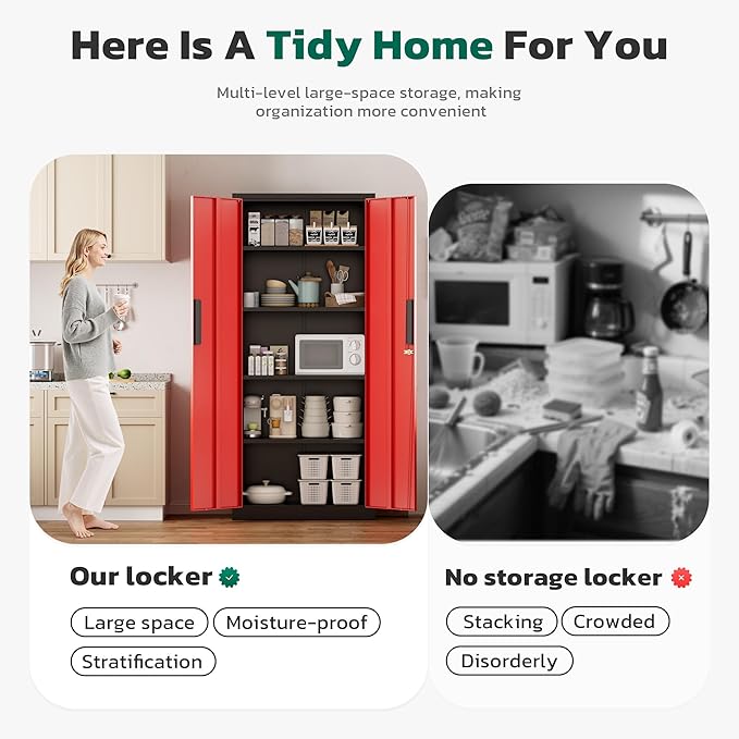 Greenvelly 63" H Metal Storage Cabinet Black Red, Locking Metal Cabinet, Store Tools, Clothes, Tableware and Toiletries, Garage Cabinets with Adjustable Shelves for Office, Home, Garage, Pantry